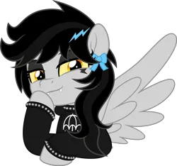 Size: 5333x5000 | Tagged: safe, artist:jhayarr23, derpibooru import, oc, oc:lightning dee, unofficial characters only, pegasus, pony, bow, bracelet, bust, choker, clothes, colored sclera, commission, dyed mane, eyeshadow, fangs, female, hoodie, image, looking at you, makeup, mare, png, simple background, smug, spiked choker, spiked wristband, spread wings, transparent background, wings, wristband, ych result