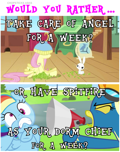 Size: 1027x1299 | Tagged: safe, derpibooru import, edit, edited screencap, screencap, angel bunny, fluttershy, rainbow dash, spitfire, pegasus, pony, rabbit, newbie dash, putting your hoof down, angel is a bunny bastard, animal, bowl, clothes, female, food, goggles, goggles on head, gritted teeth, image, male, mare, megaphone, png, rainbow dash is best facemaker, salad, teeth, text, uniform, wonderbolts uniform, would you rather, yelling