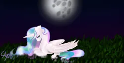 Size: 1366x698 | Tagged: safe, artist:nutmeg04, derpibooru import, princess celestia, alicorn, pony, crying, female, image, lying down, mare, moon, night, png, prone, sad, simple background, solo