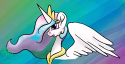 Size: 1366x698 | Tagged: safe, artist:nutmeg04, derpibooru import, princess celestia, alicorn, pony, female, flowing mane, gasping, image, jewelry, looking off, mare, png, regalia, side view, simple background, solo, spread wings, wings