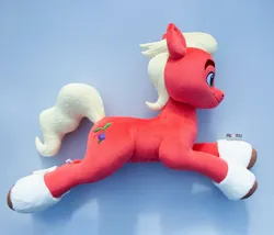 Size: 1600x1367 | Tagged: safe, artist:meplushyou, derpibooru import, sprout cloverleaf, earth pony, pony, commission, g5, image, irl, jpeg, life size, lying down, male, photo, plushie, prone, smiling, solo, stallion, unshorn fetlocks