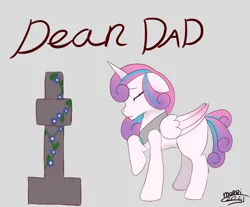 Size: 5724x4729 | Tagged: safe, artist:backgroundpony#f352, derpibooru import, princess flurry heart, alicorn, pony, eyes closed, female, flower, gravestone, gray background, horn, image, jewelry, mare, necklace, png, sad, simple background, solo, story included, wings