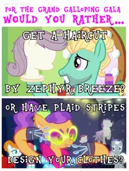 Size: 963x1277 | Tagged: safe, derpibooru import, screencap, joan pommelway, plaid stripes, roger silvermane, sterling silver, strawberry ice, zephyr breeze, earth pony, pegasus, pony, flutter brutter, the saddle row review, bust, clothes, female, filly, foal, glasses, image, mannequin, mirror, png, ponytail, spoon, text, would you rather
