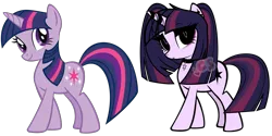 Size: 3175x1591 | Tagged: safe, artist:cutiesparke, derpibooru import, edit, editor:cutiesparke, twilight sparkle, pony, unicorn, alternate design, alternate hairstyle, alternate universe, choker, comparison, female, horn, horn jewelry, image, jewelry, pigtails, png, short tail, simple background, tail, transparent background, twintails, unicorn twilight