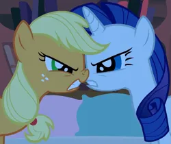 Size: 909x763 | Tagged: safe, derpibooru import, screencap, applejack, rarity, earth pony, pony, unicorn, look before you sleep, season 1, angry, cropped, cute, duo, duo female, eye contact, female, frown, glare, gritted teeth, image, jackabetes, looking at each other, looking at someone, madorable, mare, png, raribetes, staredown, teeth