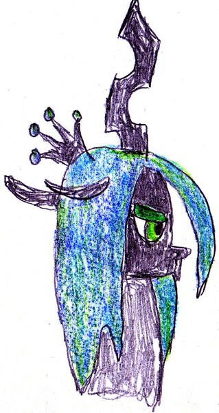 Size: 600x1129 | Tagged: safe, artist:ewxep, derpibooru import, queen chrysalis, changeling, changeling queen, bust, colored pencil drawing, female, image, jpeg, side view, simple background, solo, traditional art, white background