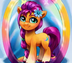 Size: 2560x2240 | Tagged: safe, derpibooru import, editor:felisamafeles, machine learning assisted, machine learning generated, stable diffusion, sunny starscout, earth pony, pony, g5, cute, female, filly, flower, flower in hair, foal, gouache, image, mirror, png, solo, solo female, traditional art