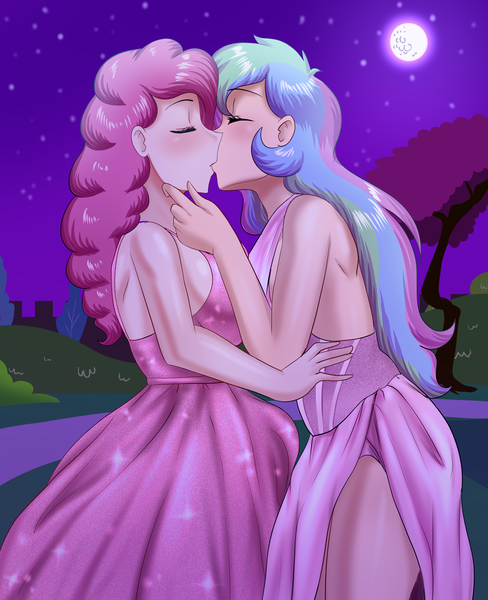 Size: 1666x2048 | Tagged: suggestive, artist:thebrokencog, derpibooru import, pinkie pie, princess celestia, human, blushing, breasts, busty pinkie pie, busty princess celestia, clothes, commission, description, dress, eyes closed, female, females only, frizzy hair, garden, hand on head, hand on waist, humanized, image, kiss on the lips, kissing, lesbian, long hair, love, moon, night, pinkielestia, png, romance, romantic, shipping