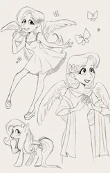 Size: 1303x2048 | Tagged: safe, artist:misskali7, derpibooru import, edit, fluttershy, butterfly, human, insect, pegasus, pony, clothes, dress, female, flower, flower in hair, humanized, image, jpeg, monochrome, sketch, traditional art, winged humanization, wings