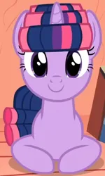 Size: 362x604 | Tagged: safe, derpibooru import, screencap, twilight sparkle, pony, unicorn, look before you sleep, season 1, book, cropped, cute, female, golden oaks library, hair curlers, image, library, looking at you, lying down, mare, png, ponyloaf, prone, sitting, solo, twiabetes, unicorn twilight