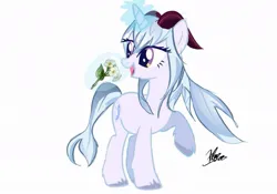 Size: 1059x740 | Tagged: safe, artist:infinity_tran, derpibooru import, ponified, pony, flower, ganyu (genshin impact), genshin impact, image, jpeg, open mouth, simple background, white background