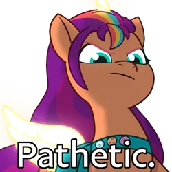 Size: 720x720 | Tagged: safe, derpibooru import, edit, edited screencap, screencap, sunny starscout, alicorn, pony, my little pony: tell your tale, artificial horn, artificial wings, augmented, female, frown, g5, horn, image, looking at you, looking down, looking down at you, magic, magic horn, magic wings, mare, meme, mission imponable, pathetic, png, solo, species swap, wings