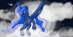 Size: 1366x698 | Tagged: safe, artist:nutmeg04, derpibooru import, princess luna, alicorn, pony, female, flying, full moon, image, looking down, mare, missing accessory, moon, png, solo, spread wings, starry background, tail, wavy mane, wavy tail, wings