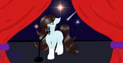 Size: 1366x698 | Tagged: safe, artist:nutmeg04, derpibooru import, oc, oc:nutmeg, unofficial characters only, earth pony, pony, curtains, earth pony oc, female, image, mare, microphone, png, simple background, singing, solo, stage