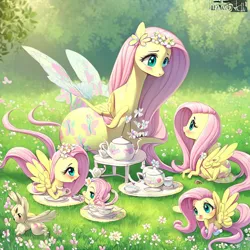 Size: 768x768 | Tagged: safe, derpibooru import, machine learning generated, purplesmart.ai, stable diffusion, fluttershy, pegasus, abomination, cup, floral head wreath, flower, flower in hair, grass, grass field, image, insect wings, machine learning abomination, meadow, missing ear, png, self paradox, self ponidox, spread wings, tea party, teacup, teapot, wat, wings