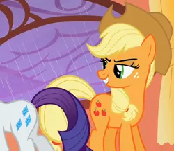 Size: 742x646 | Tagged: safe, derpibooru import, screencap, applejack, rarity, earth pony, pony, unicorn, look before you sleep, season 1, butt, eyes on the prize, female, image, mare, out of context, plot, png