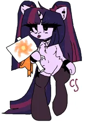 Size: 764x1024 | Tagged: safe, artist:cutiesparke, derpibooru import, twilight sparkle, pony, semi-anthro, :p, alternate design, alternate hairstyle, alternate universe, belly button, bracelet, butt fluff, chest fluff, choker, clothes, ear fluff, ear piercing, earring, female, horn, horn jewelry, image, jewelry, piercing, png, raised leg, ribbon, sign, socks, solo, stockings, sun, thigh highs, tongue out, unamused