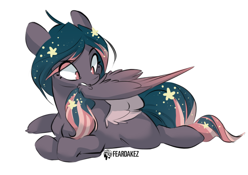 Size: 1943x1375 | Tagged: safe, artist:kez, derpibooru import, oc, oc:star universe, unofficial characters only, pegasus, pony, cute, ethereal mane, female, fluffy, grooming, image, mare, missing cutie mark, pegasus oc, png, preening, solo, solo female, spread wings, starry mane, wings