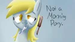 Size: 1366x768 | Tagged: safe, artist:thederpyenthusiast, derpibooru import, derpy hooves, pegasus, pony, brushing mane, brushing teeth, female, image, jpeg, looking at you, looking offscreen, mare, simple background, solo, text