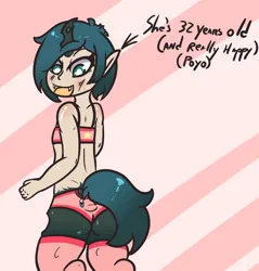 Size: 954x1000 | Tagged: safe, artist:lazerblues, derpibooru import, oc, oc:mistake, unofficial characters only, changeling, satyr, bra, changeling oc, clothes, female, horn, image, kirby, kirby (series), offspring, panties, parent:queen chrysalis, png, ponytail, solo, underwear