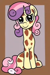 Size: 512x768 | Tagged: safe, derpibooru import, machine learning generated, stable diffusion, sweetie belle, giraffe, border, giraffied, image, png, smiling, species swap, sweetie giraffe