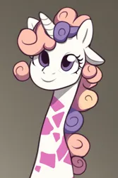 Size: 512x768 | Tagged: safe, derpibooru import, machine learning generated, stable diffusion, sweetie belle, giraffe, giraffied, image, long neck, looking at you, png, smiling, smiling at you, species swap, sweetie giraffe