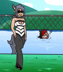 Size: 885x1000 | Tagged: safe, artist:lazerblues, derpibooru import, oc, oc:bella, oc:yuzu, anthro, satyr, blushing, clothes, ear piercing, image, implied lesbian, offspring, parent:oc:miss eri, piercing, png, sunglasses, swimming pool, swimsuit, wings