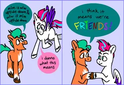 Size: 1316x900 | Tagged: safe, artist:msponies, derpibooru import, hitch trailblazer, zipp storm, earth pony, pegasus, pony, 2 panel comic, comic, dialogue, duo, duo male and female, female, folded wings, friendshipping, g5, heart, hoofbump, image, looking at each other, looking at someone, looking down, looking up, male, mare, mlm, ms paint, open mouth, open smile, png, smiling, speech bubble, spread wings, stallion, tail, unshorn fetlocks, wings, wlw