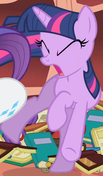 Size: 561x961 | Tagged: safe, derpibooru import, screencap, rarity, twilight sparkle, pony, unicorn, season 1, sonic rainboom (episode), book, bookshelf, butt, butt bump, butt smash, context is for the weak, cropped, eyes closed, female, image, mare, now go on, offscreen character, open mouth, out of context, plot, png, pushing, rump push, solo focus, unicorn twilight