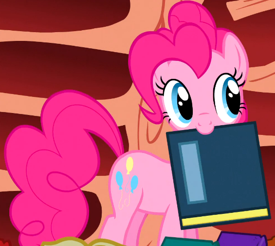 Size: 565x505 | Tagged: safe, derpibooru import, screencap, pinkie pie, earth pony, pony, season 1, sonic rainboom (episode), cropped, cute, diapinkes, female, golden oaks library, image, library, mare, mouth hold, png, solo