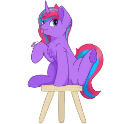 Size: 3000x3000 | Tagged: safe, artist:backgroundpony#f352, derpibooru import, oc, unofficial characters only, pony, unicorn, eyes open, female, hair over one eye, horn, image, png, silly, simple background, sitting, stool, tongue out, transparent background