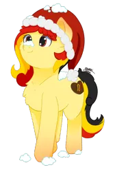 Size: 1444x2148 | Tagged: safe, artist:backgroundpony#f352, derpibooru import, oc, oc:chocolate sweets, unofficial characters only, earth pony, pony, christmas, commission, cute, earth pony oc, eyes open, female, hat, holiday, image, mare, png, santa hat, simple background, snow, solo, transparent background