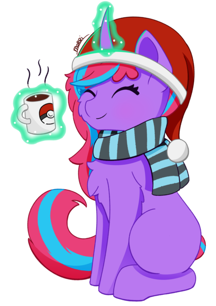 Size: 1570x2220 | Tagged: safe, artist:backgroundpony#f352, derpibooru import, oc, unofficial characters only, pony, chocolate, christmas, clothes, cute, derpibooru exclusive, eyes closed, female, food, hat, holiday, hot chocolate, image, magic, mare, mug, png, santa hat, scarf, simple background, sitting, solo, transparent background