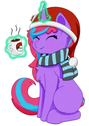 Size: 1570x2220 | Tagged: safe, artist:backgroundpony#f352, derpibooru import, oc, unofficial characters only, pony, chocolate, christmas, clothes, cute, derpibooru exclusive, eyes closed, female, food, hat, holiday, hot chocolate, image, magic, mare, mug, png, santa hat, scarf, simple background, sitting, solo, transparent background