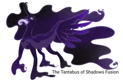 Size: 1280x873 | Tagged: safe, artist:scarletextreme, derpibooru import, pony of shadows, tantabus, oc, unofficial characters only, curved horn, ethereal mane, ethereal tail, fusion, horn, horror, image, png, solo, spread wings, tail, tongue out, wings