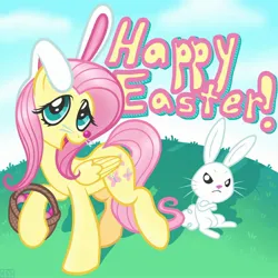 Size: 2100x2100 | Tagged: safe, artist:goreharvest, derpibooru import, angel bunny, fluttershy, pegasus, pony, rabbit, angry, animal, basket, bunny ears, crossed arms, cute, duo, easter, easter basket, fake nose, female, happy easter, holiday, image, jpeg, looking at you, male, mare, open mouth, open smile, shyabetes, smiling, smiling at you, whiskers