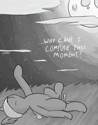 Size: 539x683 | Tagged: safe, derpibooru import, oc, oc:droner, unofficial characters only, original species, plane pony, pony, cloud, cloudy, depressed, drone, feels, feels bad man, grass, grayscale, image, jpeg, looking up, lying down, monochrome, moon, on back, plane, stargazing, starry night, stars