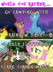 Size: 1006x1368 | Tagged: safe, derpibooru import, edit, edited screencap, screencap, angel bunny, fluttershy, rainbow dash, scootaloo, beaver, pegasus, pony, raccoon, magic duel, sleepless in ponyville, campfire, camping, female, filly, foal, image, log, male, mare, png, sitting, text, would you rather