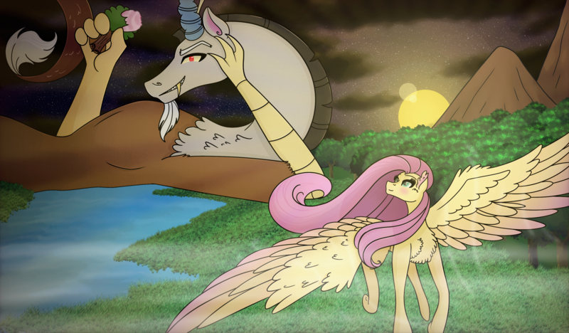 Size: 3300x1932 | Tagged: safe, artist:scarletextreme, derpibooru import, discord, fluttershy, draconequus, pegasus, pony, duo, female, flower, image, mare, mountain, mountain range, png, river, spread wings, sunset, water, wing fluff, wings