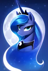 Size: 2048x3072 | Tagged: safe, derpibooru import, editor:montaraz13, machine learning assisted, novelai, stable diffusion, princess luna, alicorn, pony, blue background, blue eyes, bust, ethereal mane, female, image, jewelry, lidded eyes, looking at you, moon, png, portrait, princess of the night, regalia, simple background, smiling, smiling at you, solo