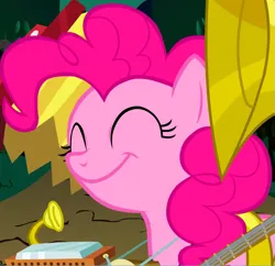 Size: 731x708 | Tagged: safe, derpibooru import, screencap, pinkie pie, earth pony, pony, season 1, swarm of the century, accordion, banjo, cropped, cute, diapinkes, eyes closed, female, harmonica, image, mare, musical instrument, one-pony band, png, smiling, solo, sousaphone, tuba