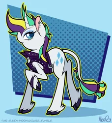 Size: 2164x2368 | Tagged: safe, artist:the-irken-moonwalker, derpibooru import, rarity, unicorn, alternate hairstyle, bracelet, clothes, image, jacket, jewelry, leather, leather jacket, leonine tail, mohawk, piercing, png, punk, raripunk, simple background, studs, tail