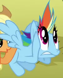 Size: 339x420 | Tagged: safe, derpibooru import, screencap, applejack, rainbow dash, pony, fall weather friends, season 1, cropped, duo, female, great moments in animation, image, mare, offscreen character, png, smear frame, solo focus