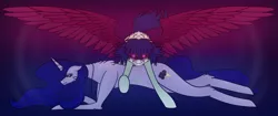 Size: 3206x1351 | Tagged: safe, artist:scarletextreme, derpibooru import, oc, oc:scarlet reign, oc:thunderstorm, unofficial characters only, pegasus, pony, unicorn, duo, female, fluffy, glow, glowing eyes, growling, image, looking at you, lying down, mare, png, prone, protecting, raised hoof, spread wings, wings
