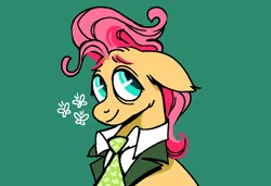 Size: 1316x900 | Tagged: safe, artist:msponies, derpibooru import, fluttershy, butterfly, insect, pegasus, pony, alternate hairstyle, bags under eyes, female, floppy ears, g4, image, mare, ms paint, necktie, png, simple background, solo, teal background