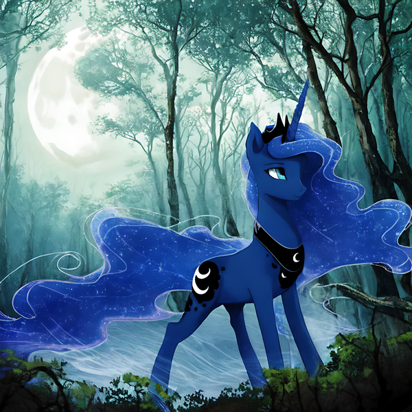 Size: 1536x1536 | Tagged: safe, derpibooru import, editor:sweetai belle, machine learning assisted, machine learning generated, stable diffusion, forest, forest background, image, moon, moonlight, png, tree