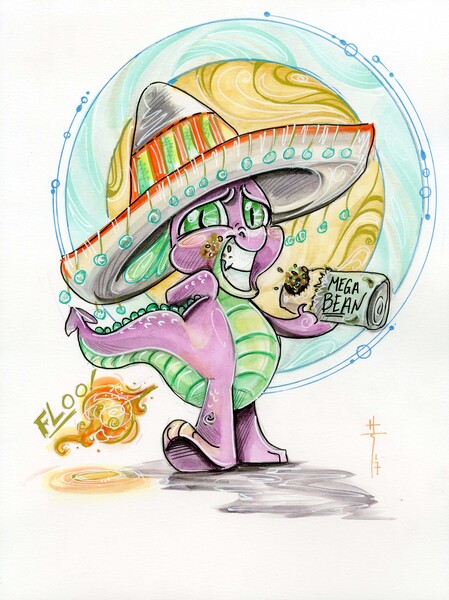 Size: 2668x3568 | Tagged: safe, artist:sararichard, derpibooru import, spike, dragon, beans, burrito, commission, embarrassed, embarrassed grin, fart, fire fart, food, image, jpeg, sombrero