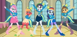 Size: 1600x772 | Tagged: safe, artist:mlp-her, derpibooru import, oc, unofficial characters only, dracony, hybrid, equestria girls, arms in the air, auditorium, base used, big smile, boots, canterlot high, clothes, crossed arms, fake tail, female, hand on hip, image, interspecies offspring, looking at you, offspring, open mouth, open smile, parent:applejack, parent:big macintosh, parent:caramel, parent:fluttershy, parent:pinkie pie, parent:pokey pierce, parent:rainbow dash, parent:rarity, parent:soarin', parent:spike, parents:carajack, parents:fluttermac, parents:pokeypie, parents:soarindash, parents:sparity, png, pony ears, pose, shoes, skirt, smiling, smiling at you, sweater, wondercolts, wondercolts uniform