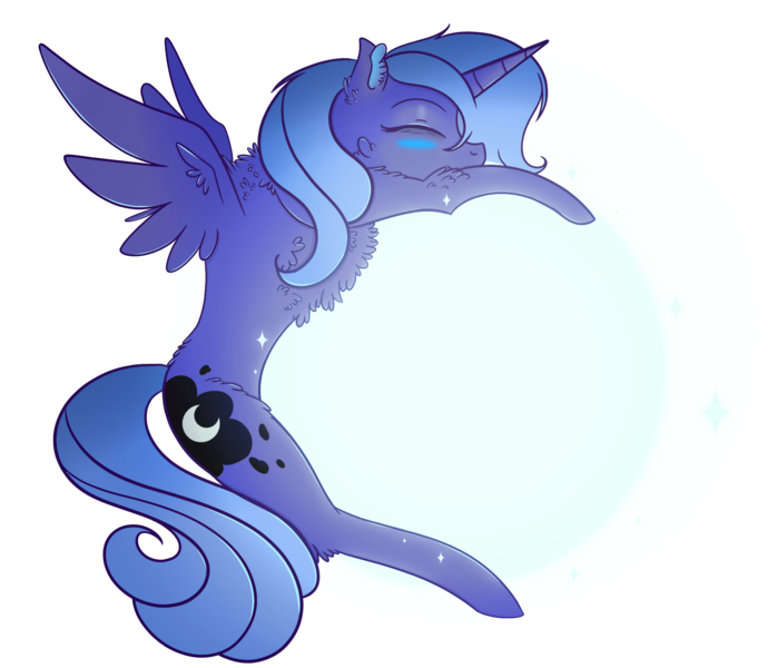 Size: 1933x1680 | Tagged: safe, artist:scarletextreme, derpibooru import, princess luna, alicorn, pony, blushing, chest fluff, ear fluff, eyes closed, female, hug, image, mare, moon, png, s1 luna, simple background, solo, spread wings, transparent background, wings