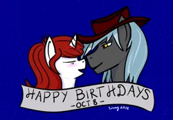 Size: 1192x828 | Tagged: safe, artist:wing, derpibooru import, oc, oc:autumn tea, oc:trigger, unofficial characters only, pony, unicorn, birthday gift art, bust, couple, derpibooru exclusive, duo, eyes closed, female, gift art, hat, image, imminent kissing, looking at someone, male, mare, png, portrait, shipping, side view, stallion, text